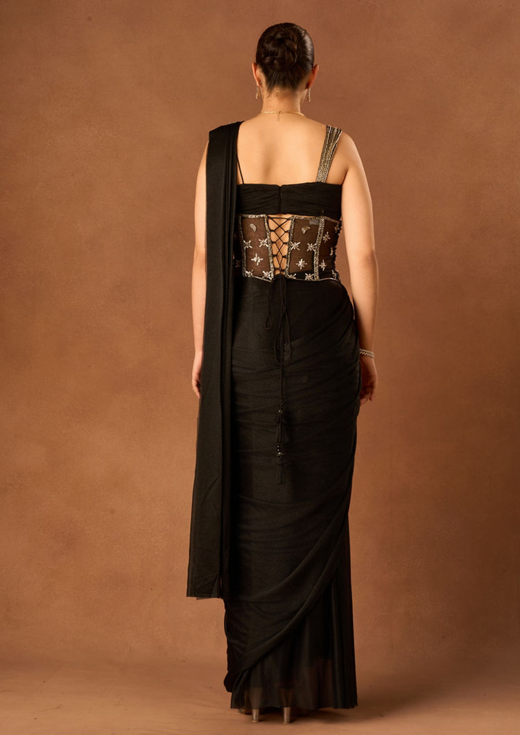 Twamev Women Black Georgette Saree with Sequin Work