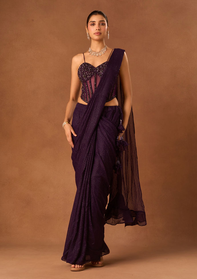 Twamev Women Purple Georgette Saree with Sequin Work
