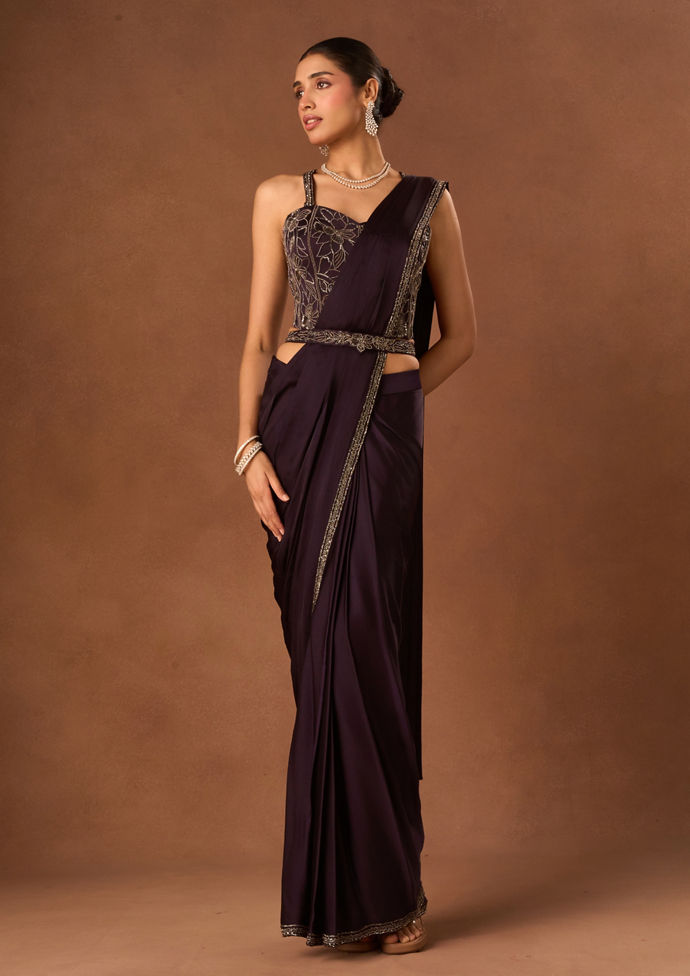 Twamev Women Purple Satin Saree with Embroidery