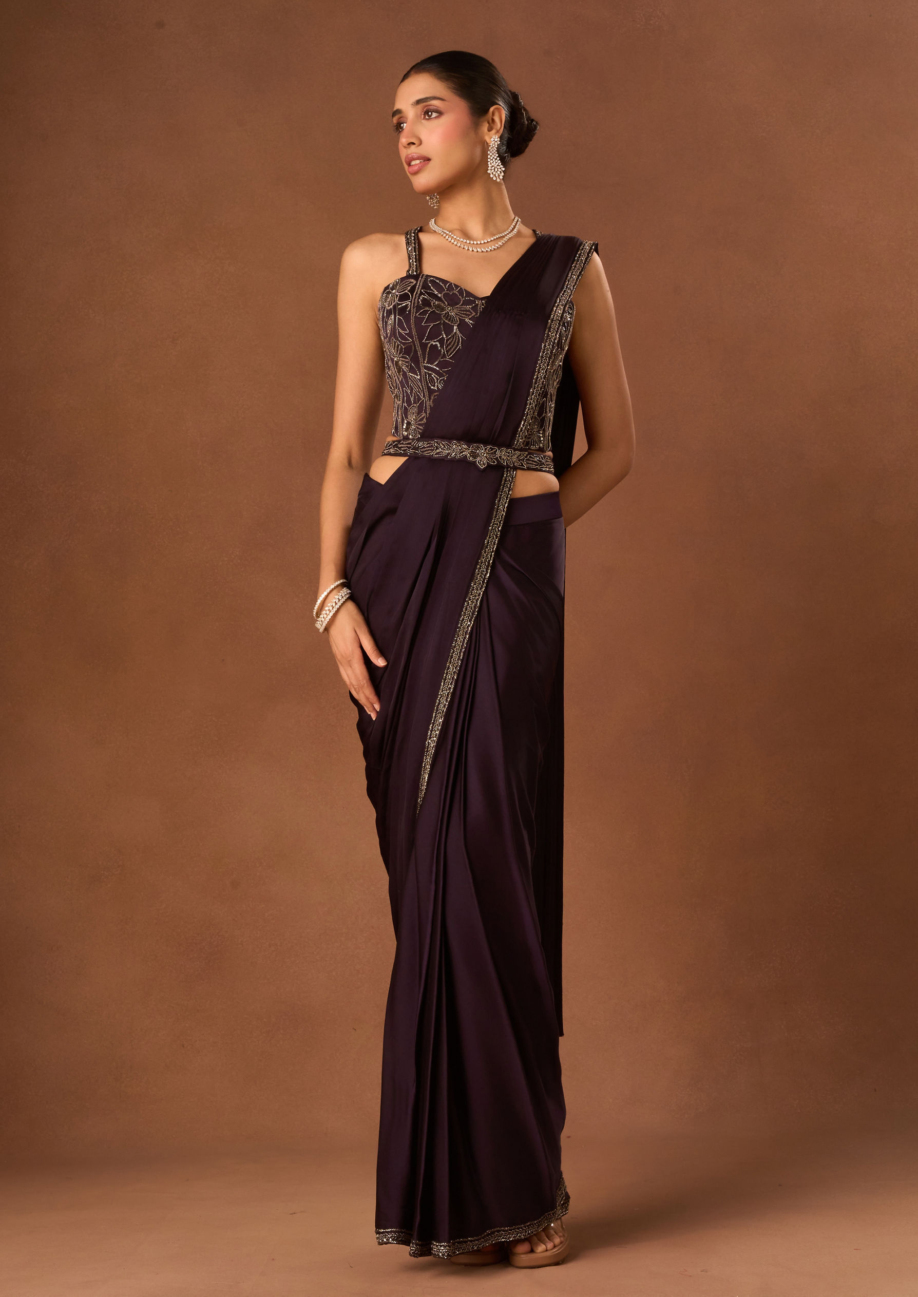 Twamev Women Purple Satin Saree with Embroidery