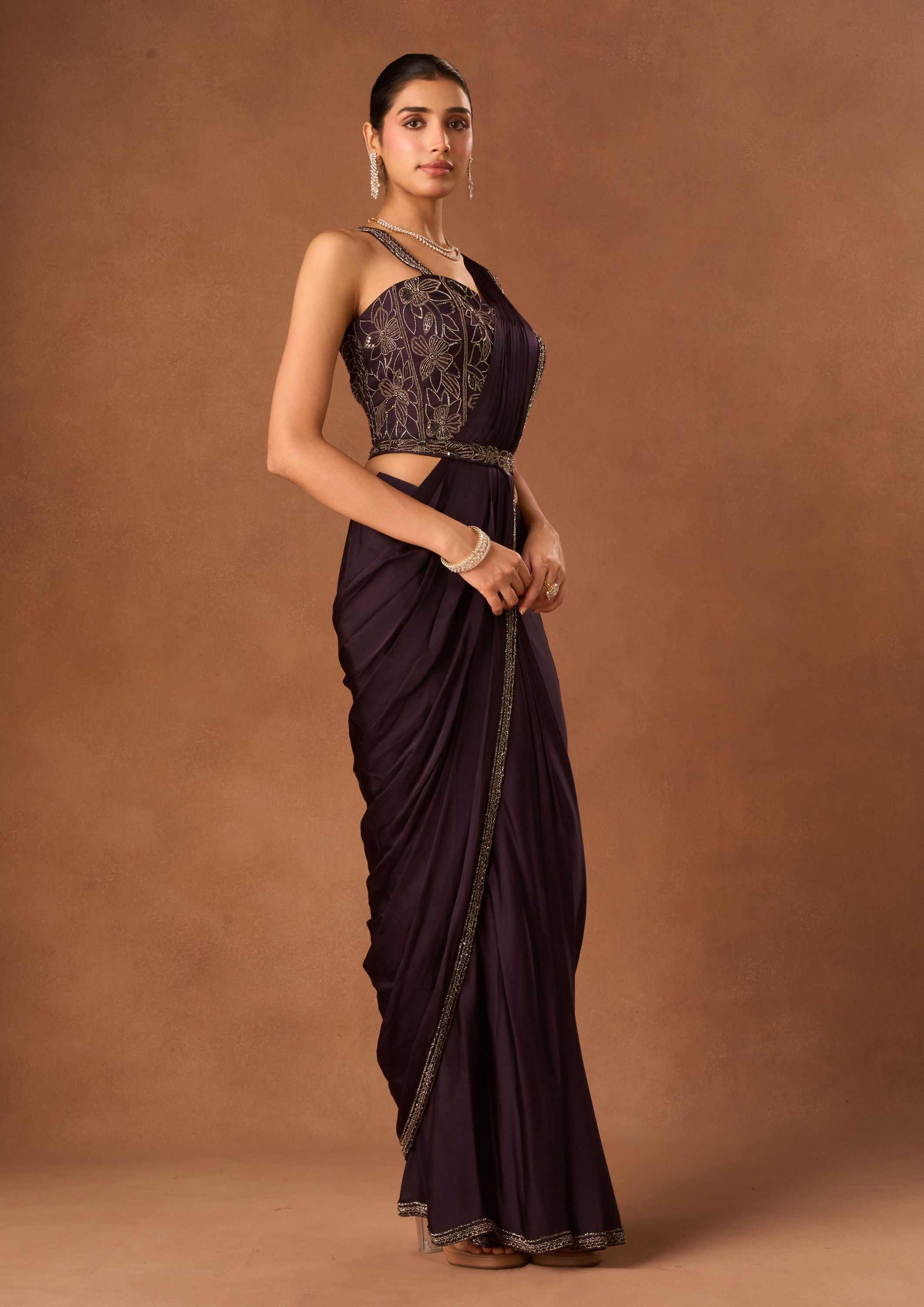 Twamev Women Purple Satin Saree with Embroidery