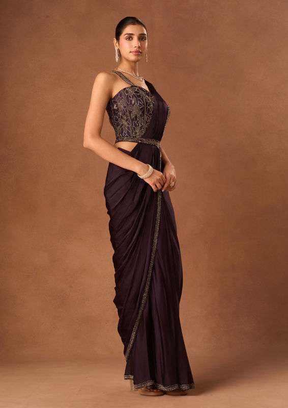 Twamev Women Purple Satin Saree with Embroidery