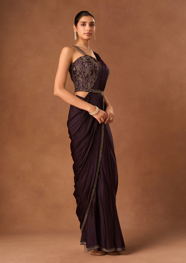 Twamev Women Purple Satin Saree with Embroidery