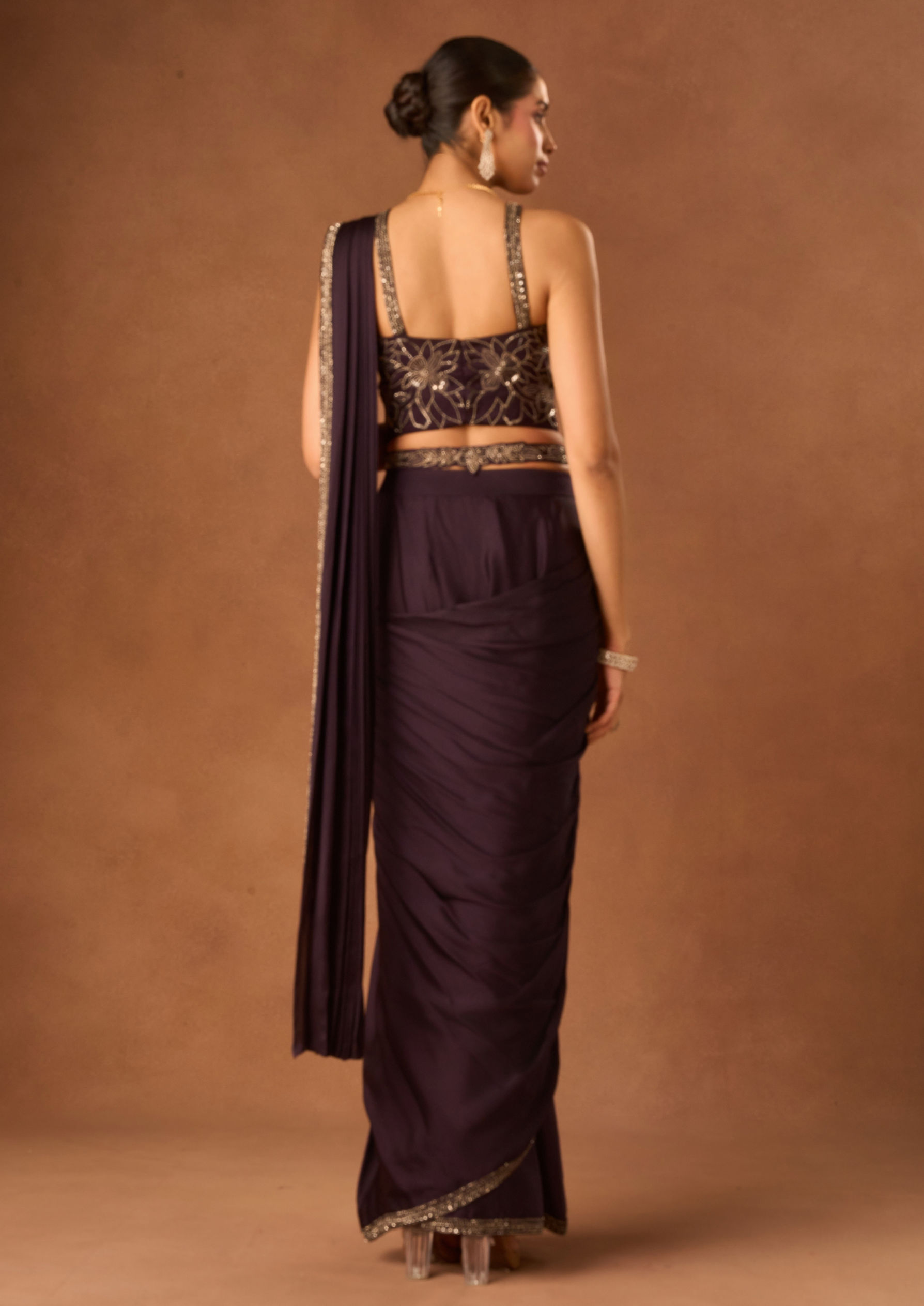 Twamev Women Purple Satin Saree with Embroidery