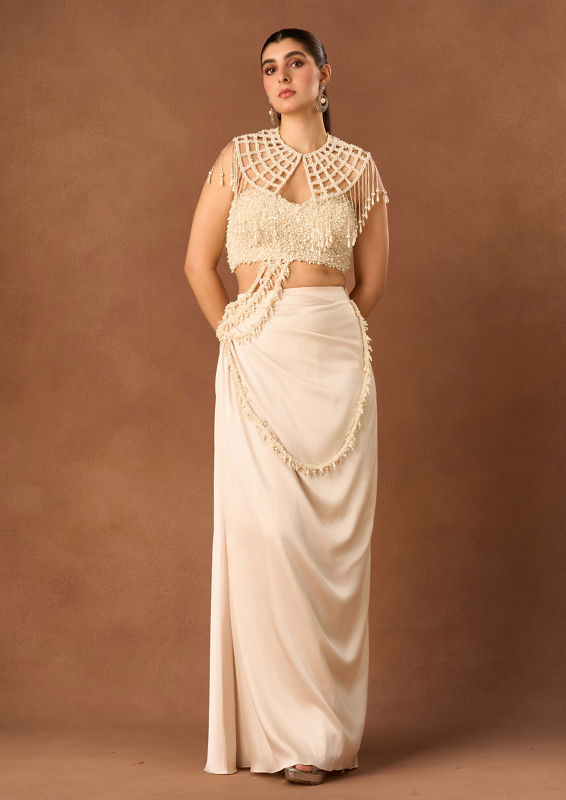 Twamev Women Cream Chinon Saree with Pearl Detail