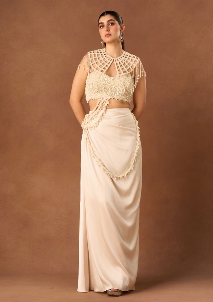 Twamev Women Cream Chinon Saree with Pearl Detail