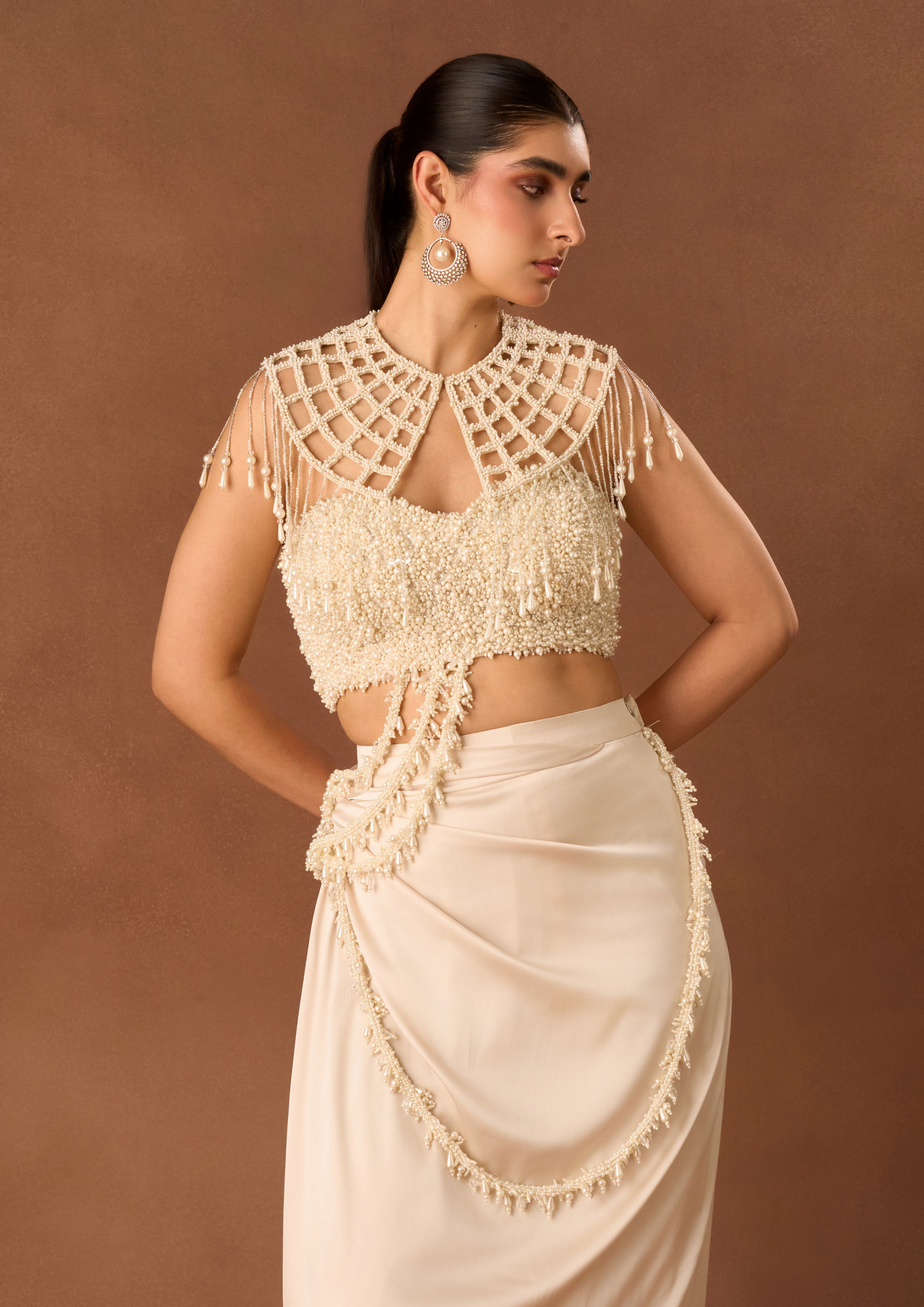 Twamev Women Cream Chinon Saree with Pearl Detail