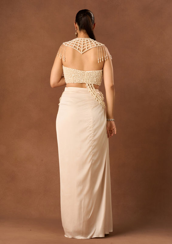 Twamev Women Cream Chinon Saree with Pearl Detail