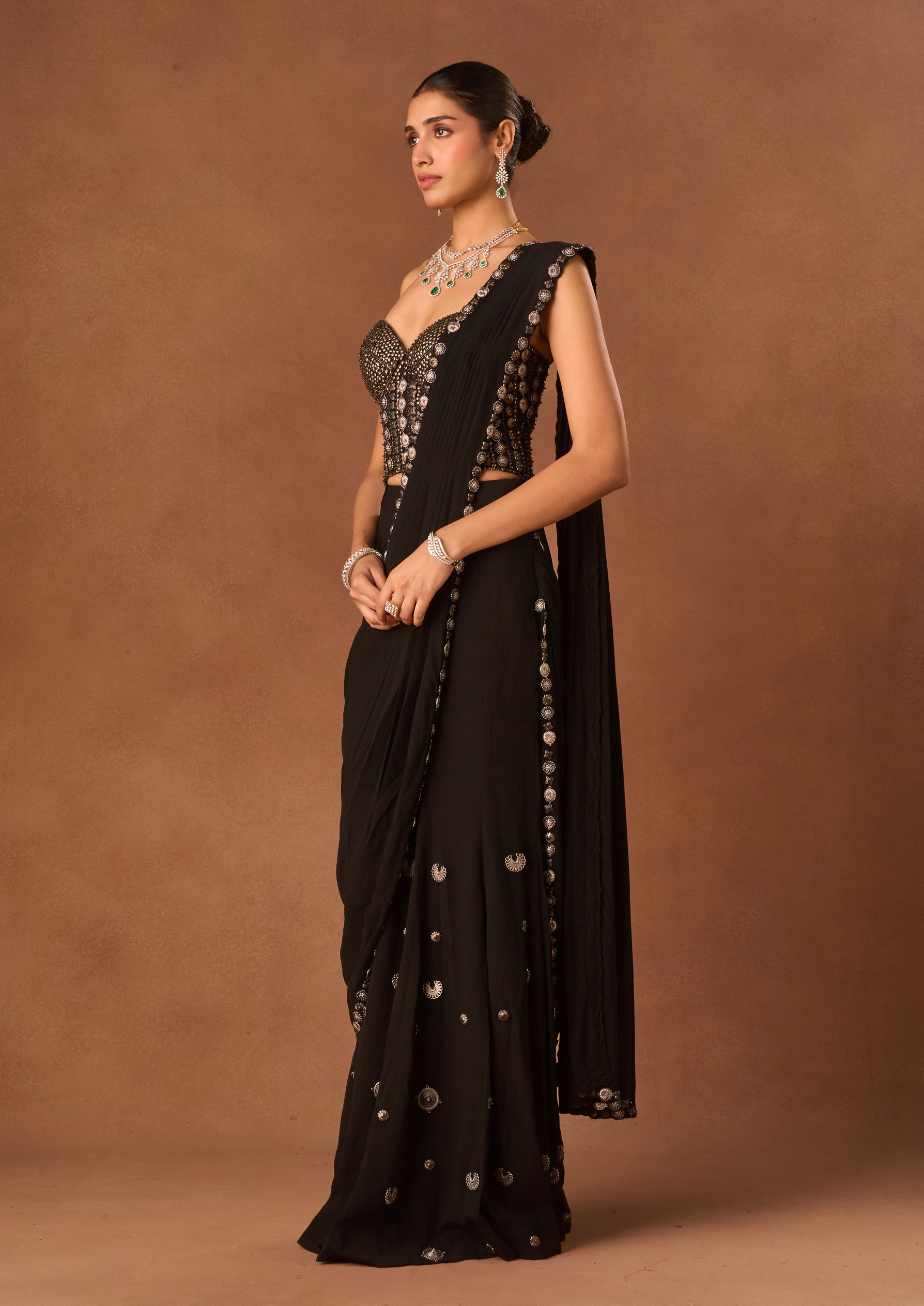 Twamev Women Black Knit Saree with Stone and Moti Work