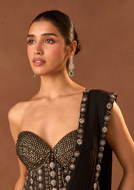 Twamev Women Black Knit Saree with Stone and Moti Work