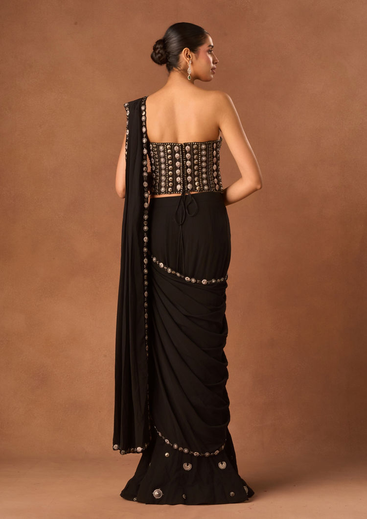 Twamev Women Black Knit Saree with Stone and Moti Work
