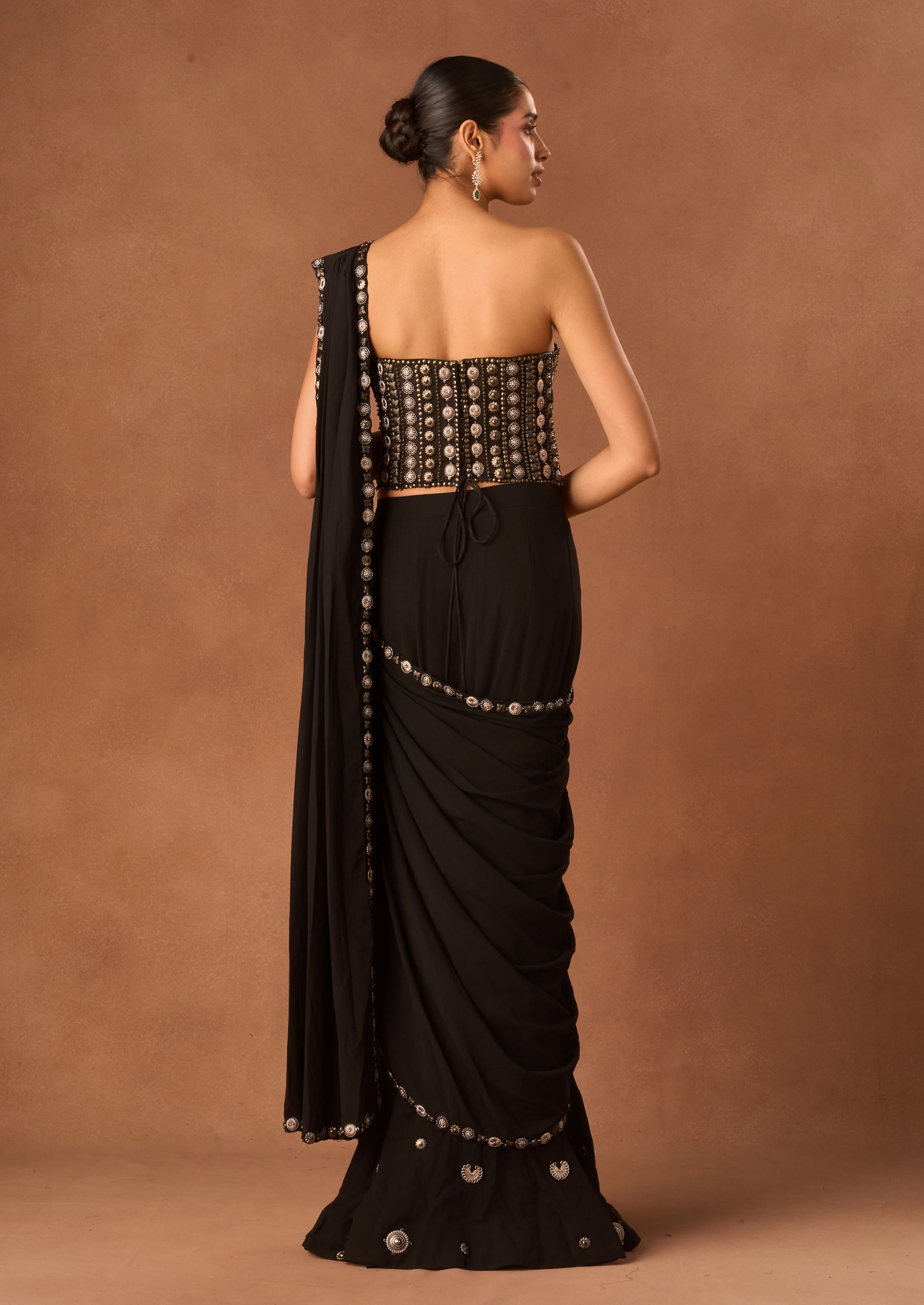 Twamev Women Black Knit Saree with Stone and Moti Work
