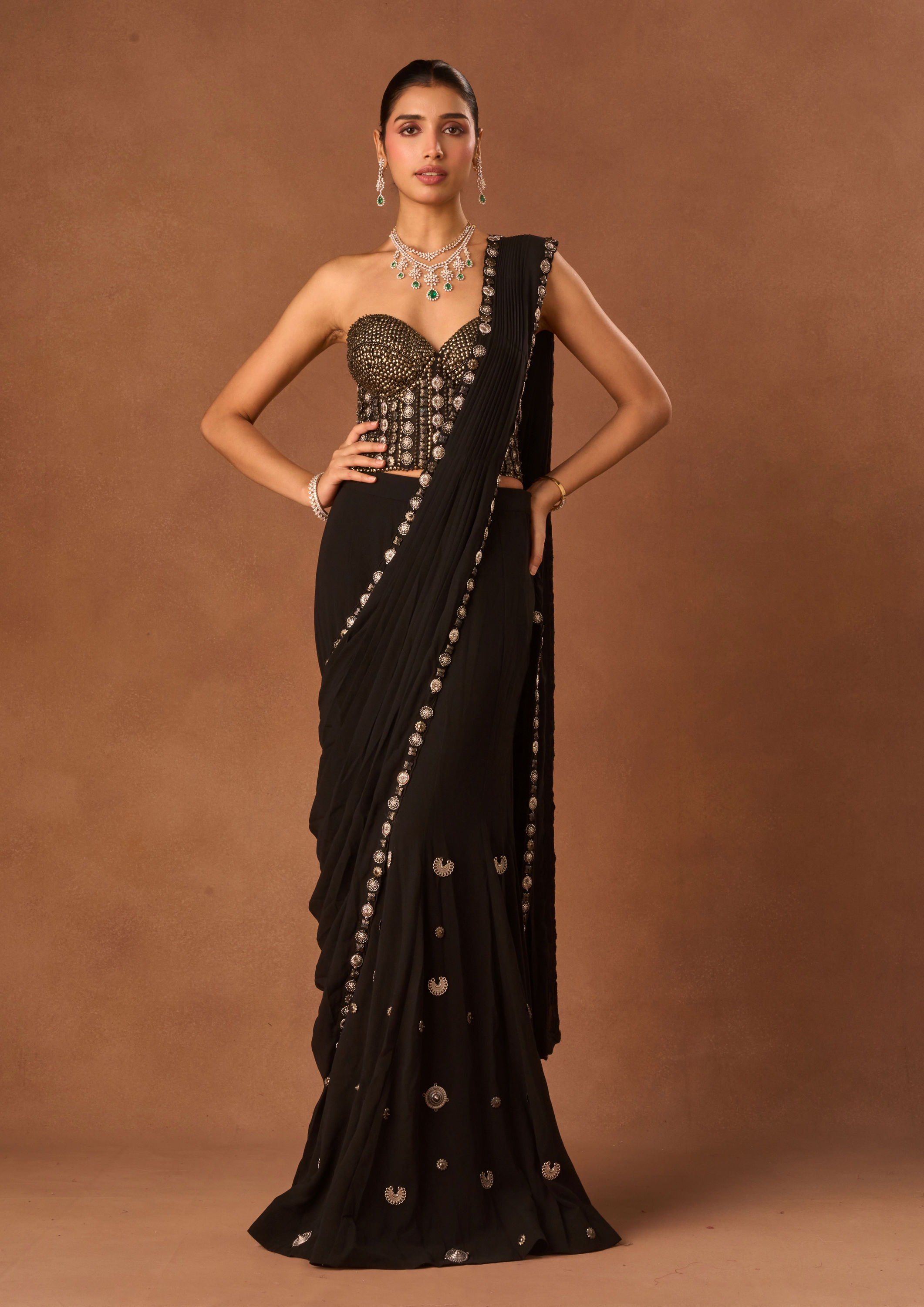Twamev Women Black Knit Saree with Stone and Moti Work