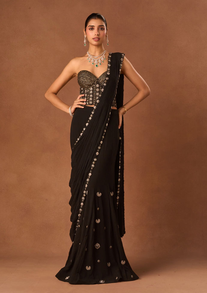 Twamev Women Black Knit Saree with Stone and Moti Work