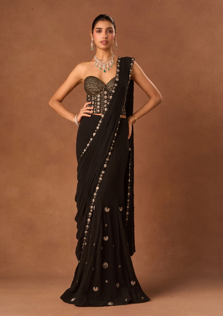 Twamev Women Black Knit Saree with Stone and Moti Work