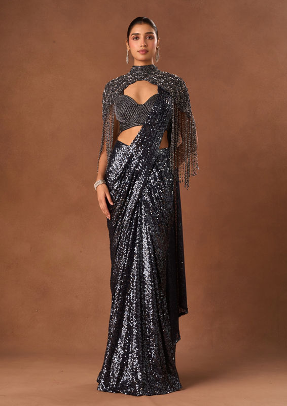 Twamev Women Indigo Blue Net Saree with Cape
