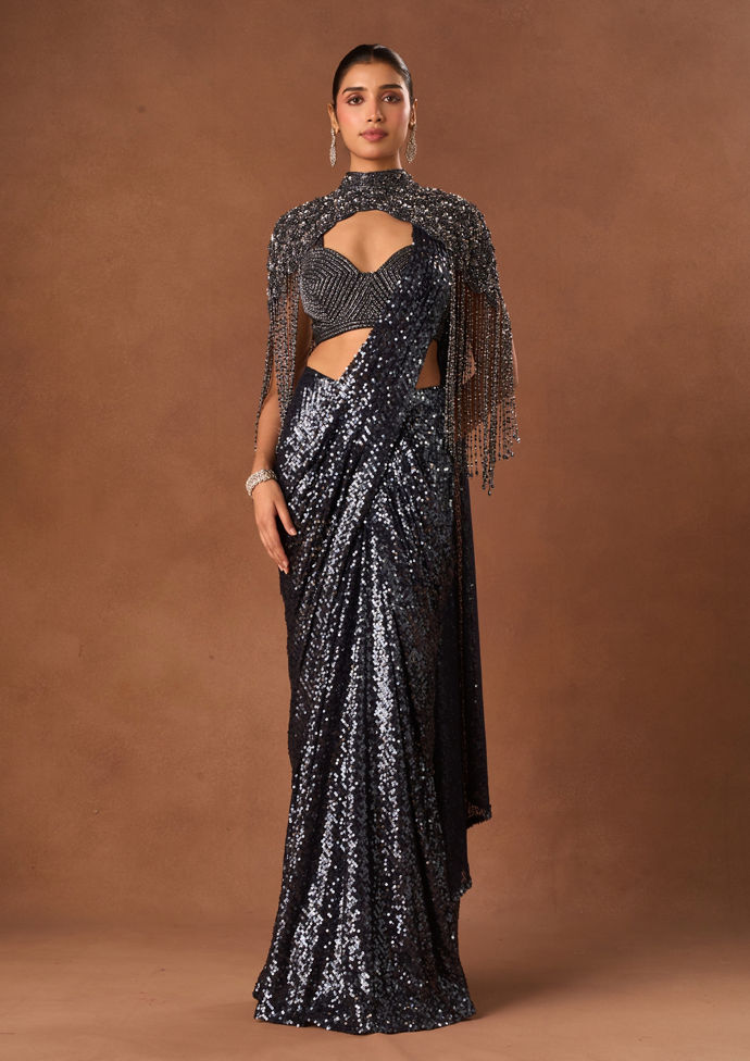 Twamev Women Indigo Blue Net Saree with Cape