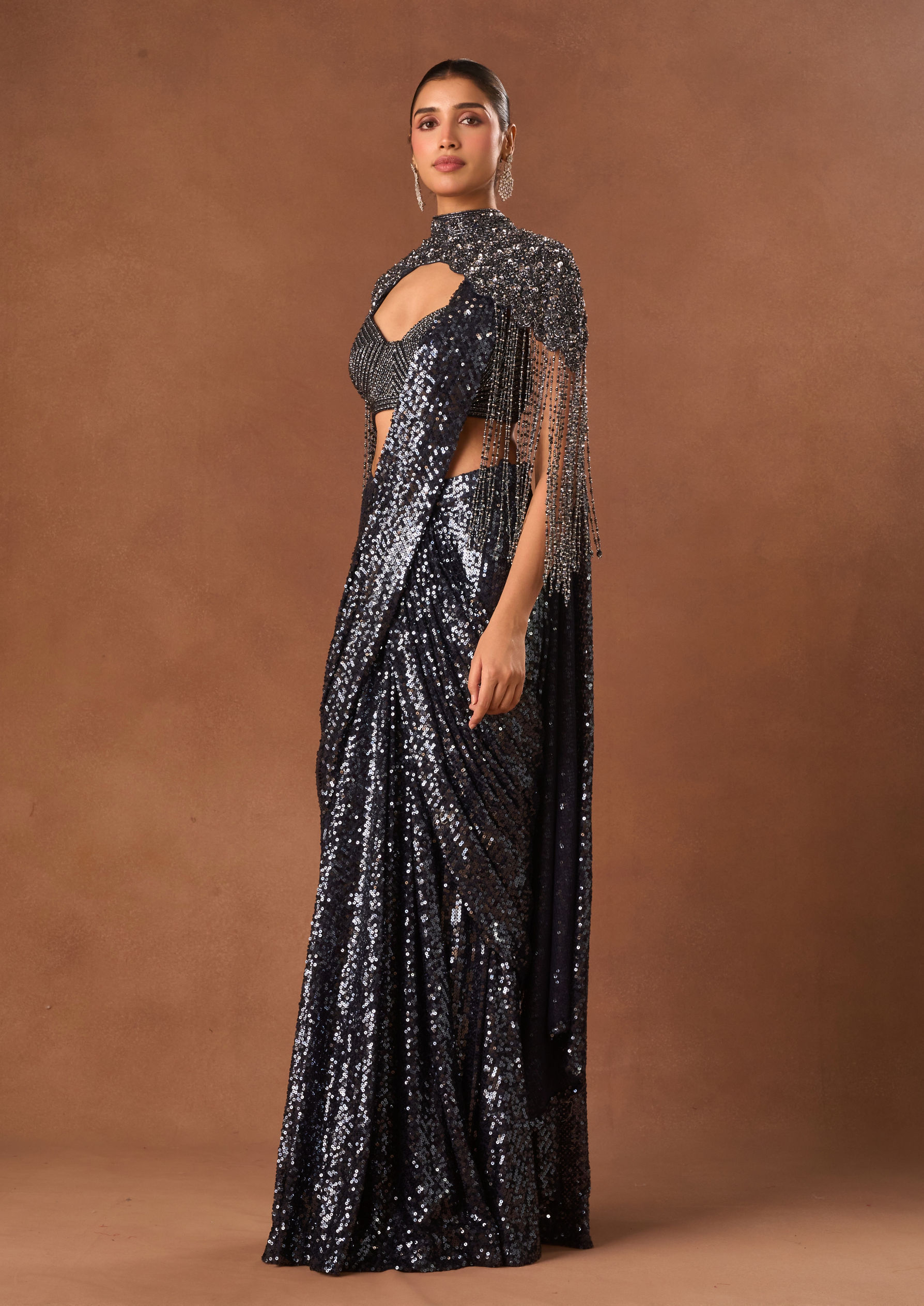 Twamev Women Indigo Blue Net Saree with Cape