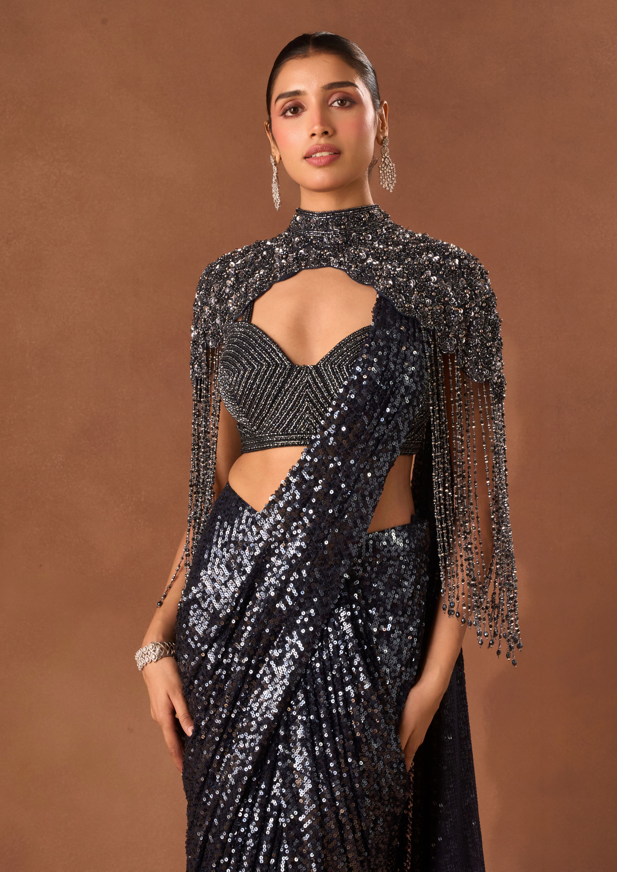 Twamev Women Indigo Blue Net Saree with Cape