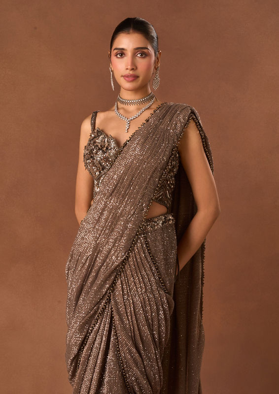 Twamev Women Fawn Sequin Saree with Embellishments