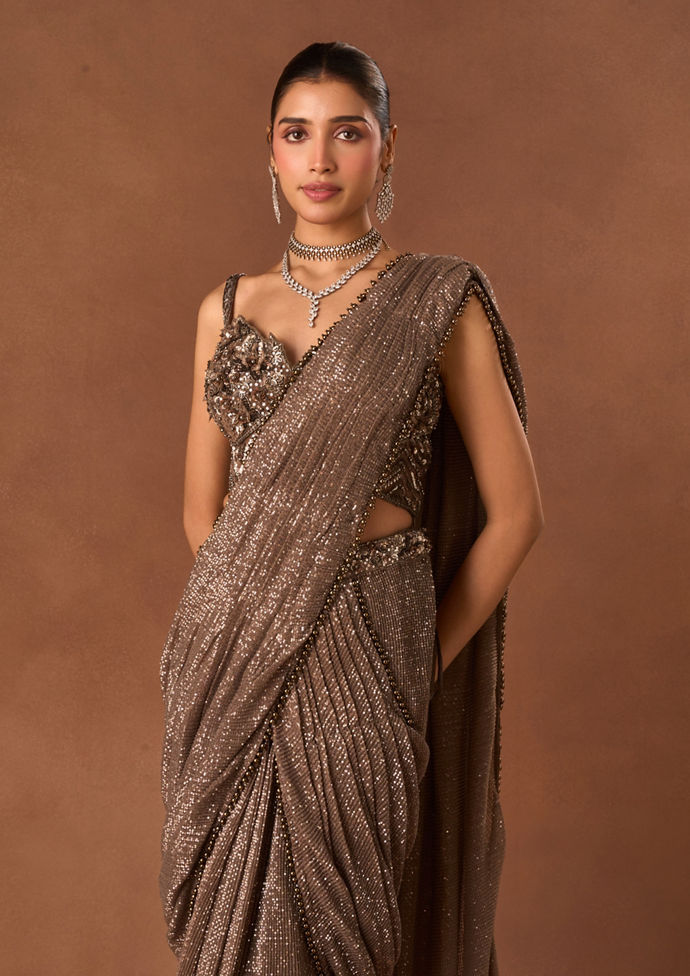 Twamev Women Fawn Sequin Saree with Embellishments