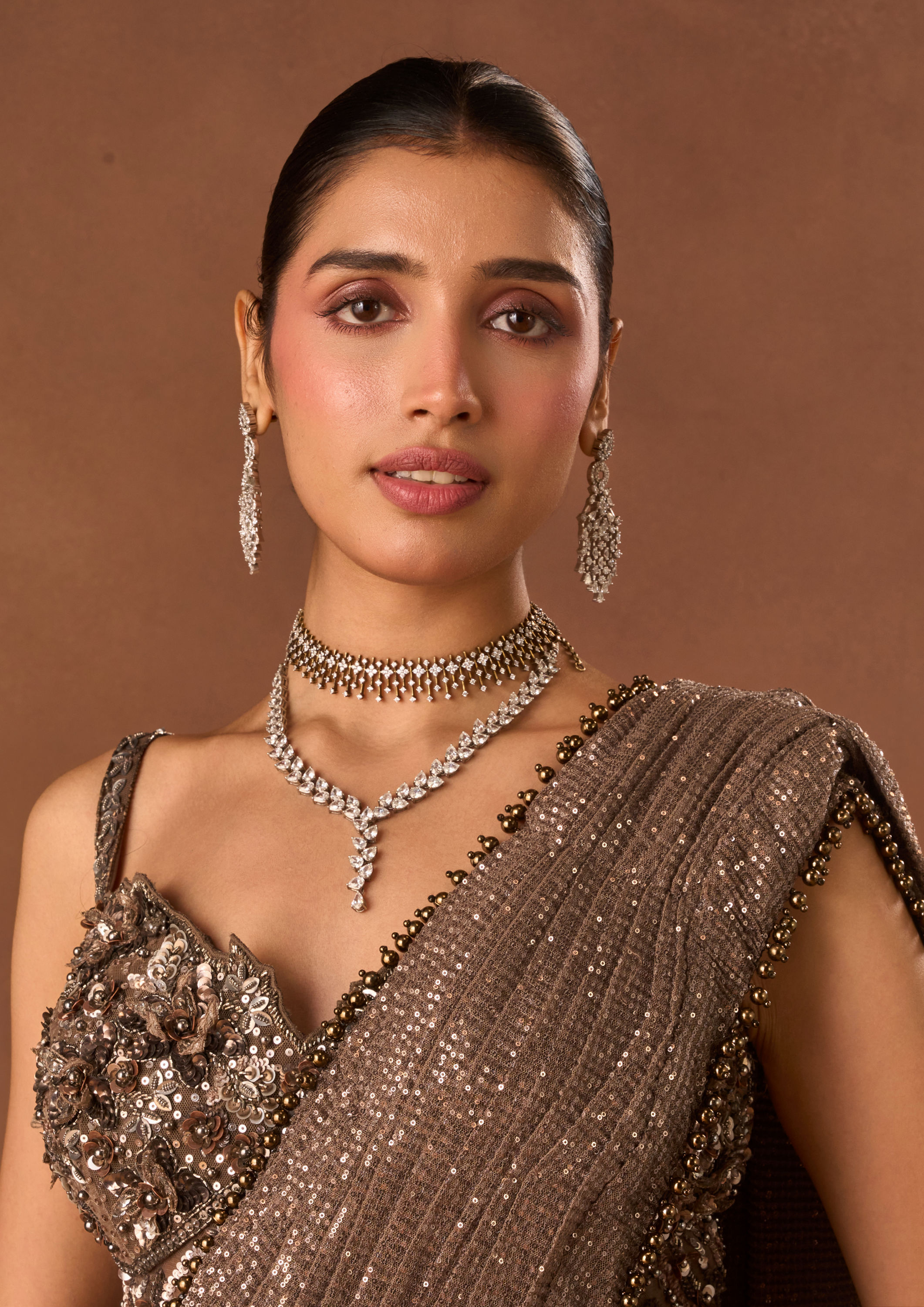 Twamev Women Fawn Sequin Saree with Embellishments