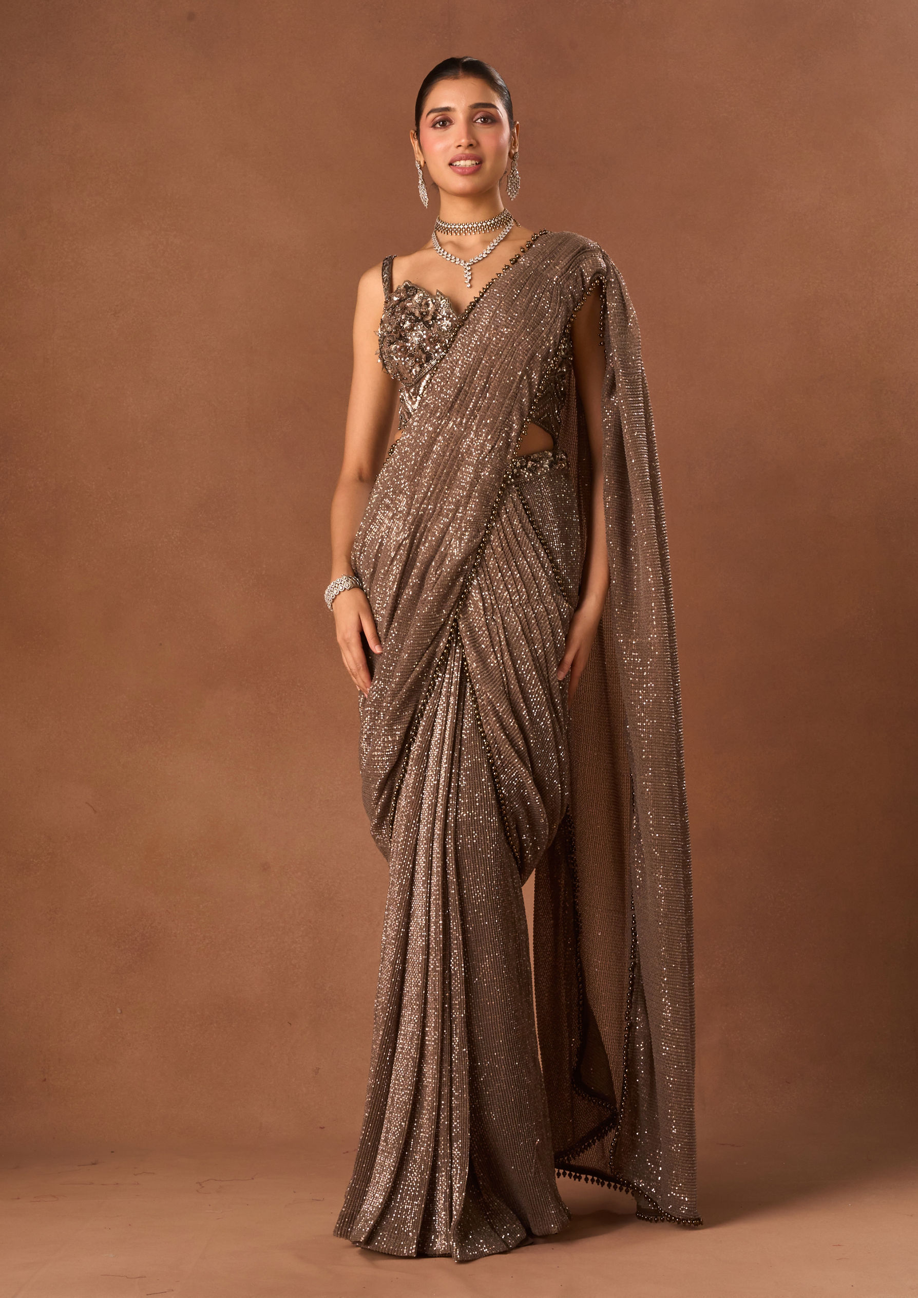 Twamev Women Fawn Sequin Saree with Embellishments