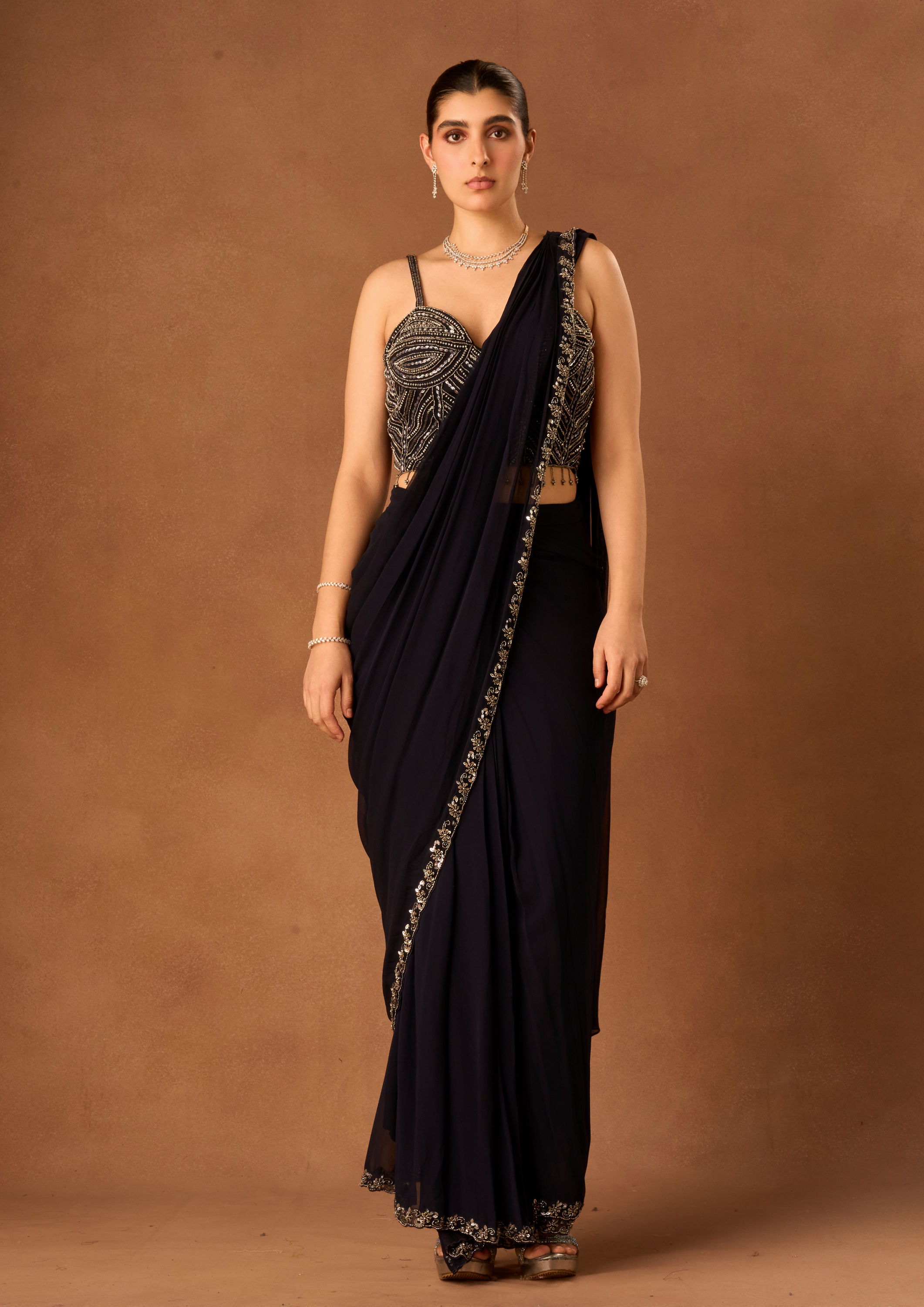 Twamev Women Indigo Blue Georgette Saree with Corset