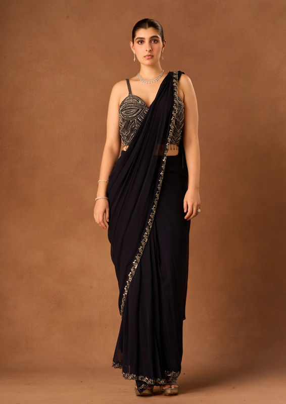 Twamev Women Indigo Blue Georgette Saree with Corset