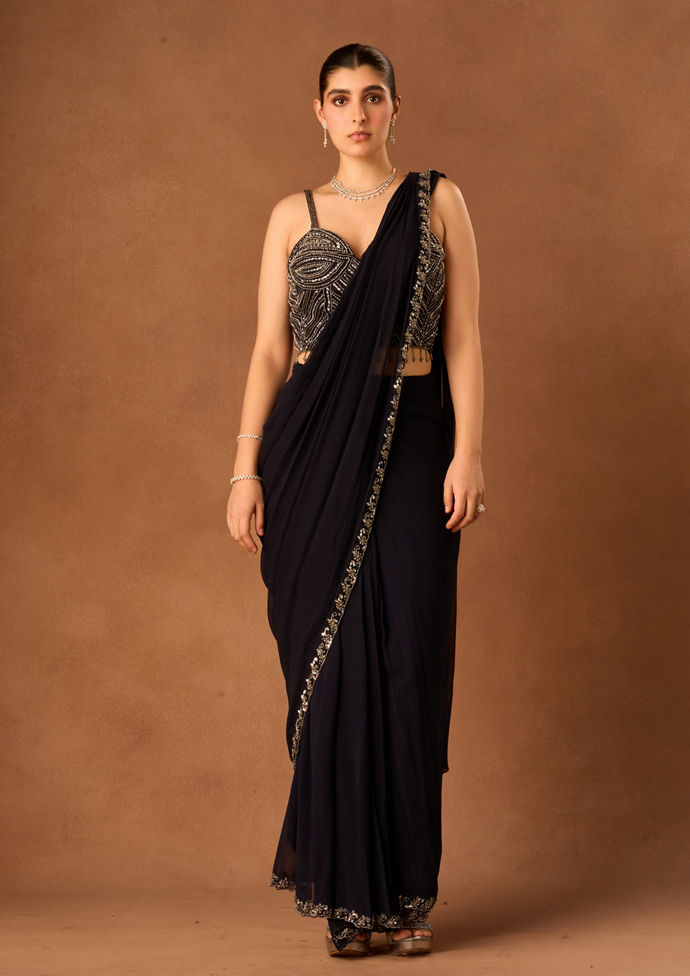 Twamev Women Indigo Blue Georgette Saree with Corset