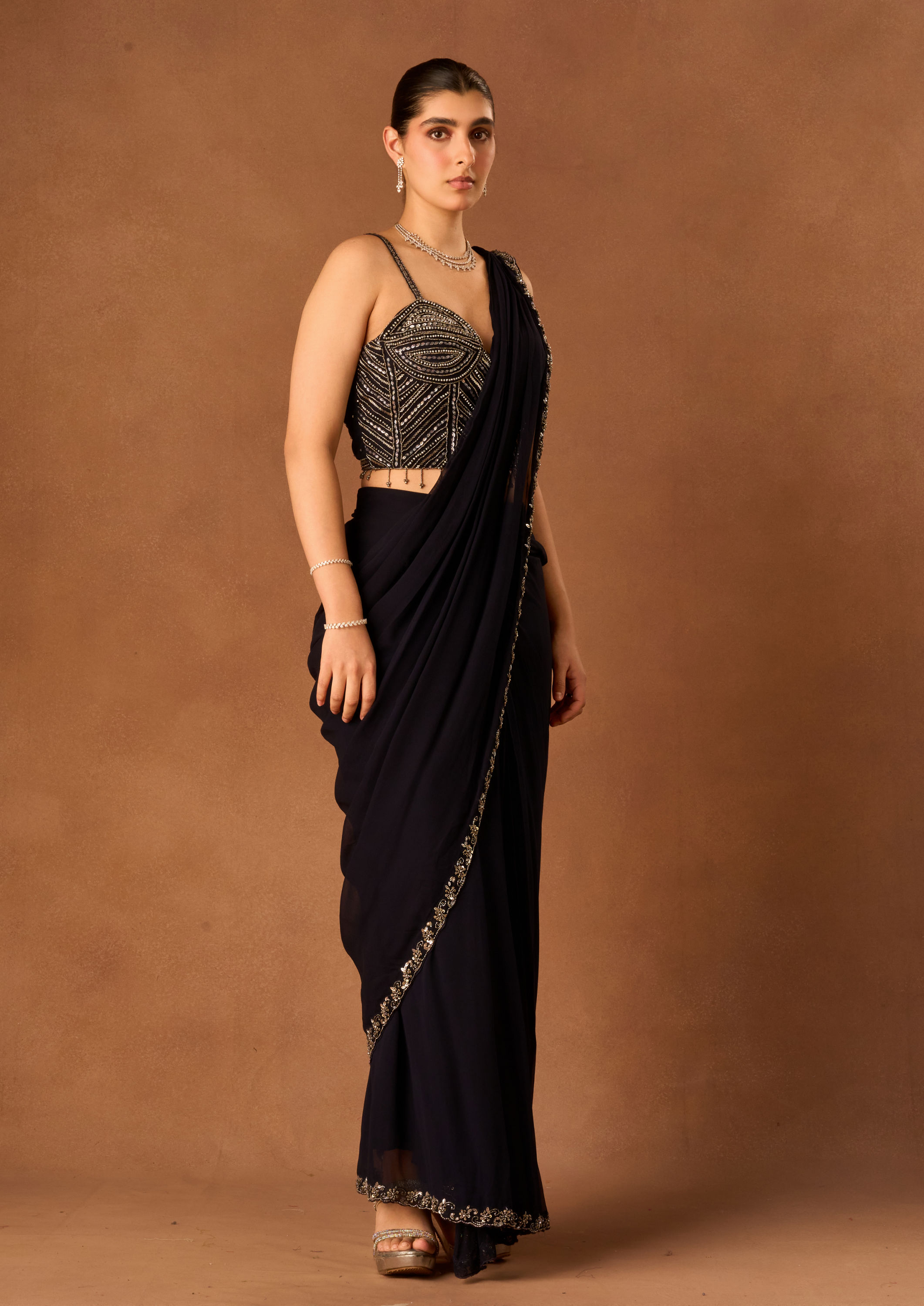 Twamev Women Indigo Blue Georgette Saree with Corset