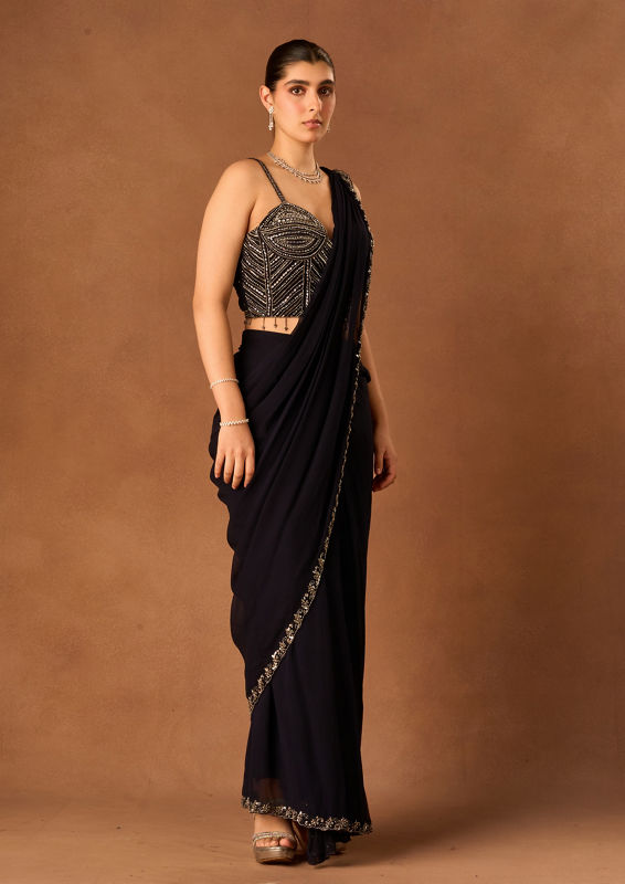 Twamev Women Indigo Blue Georgette Saree with Corset