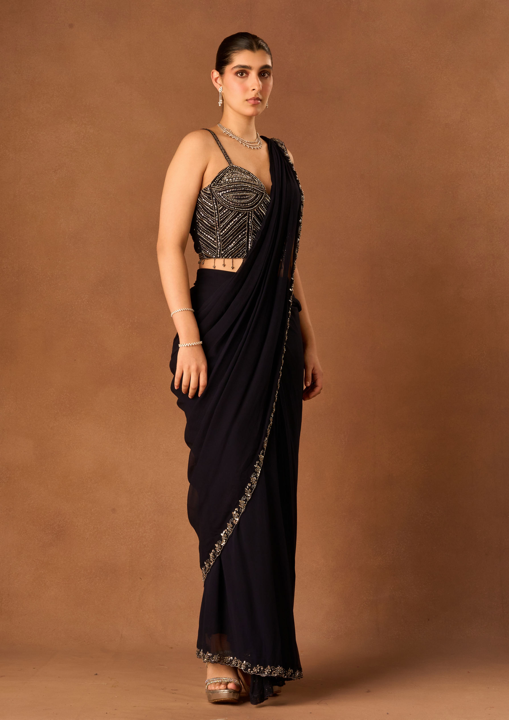 Twamev Women Indigo Blue Georgette Saree with Corset