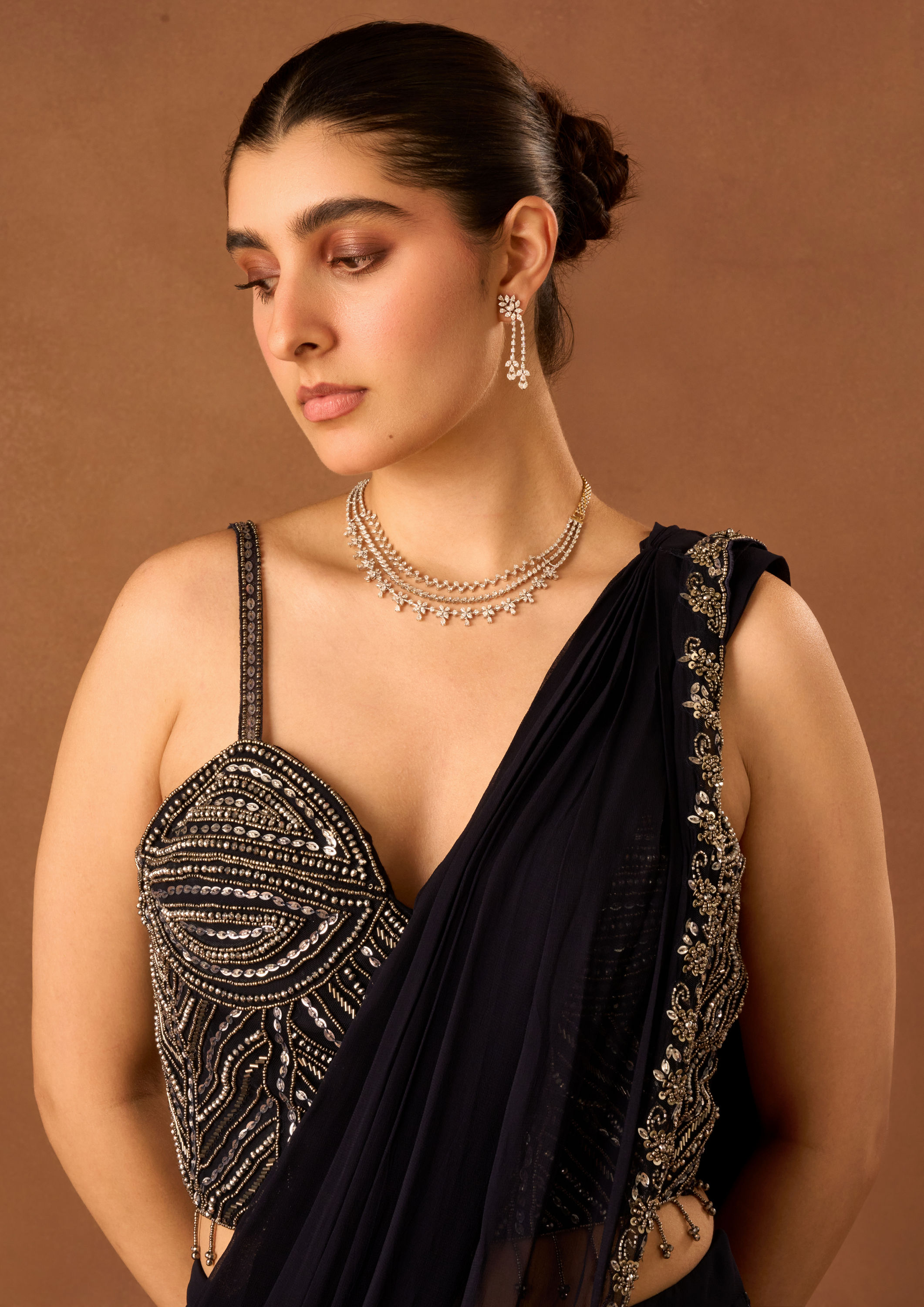 Twamev Women Indigo Blue Georgette Saree with Corset