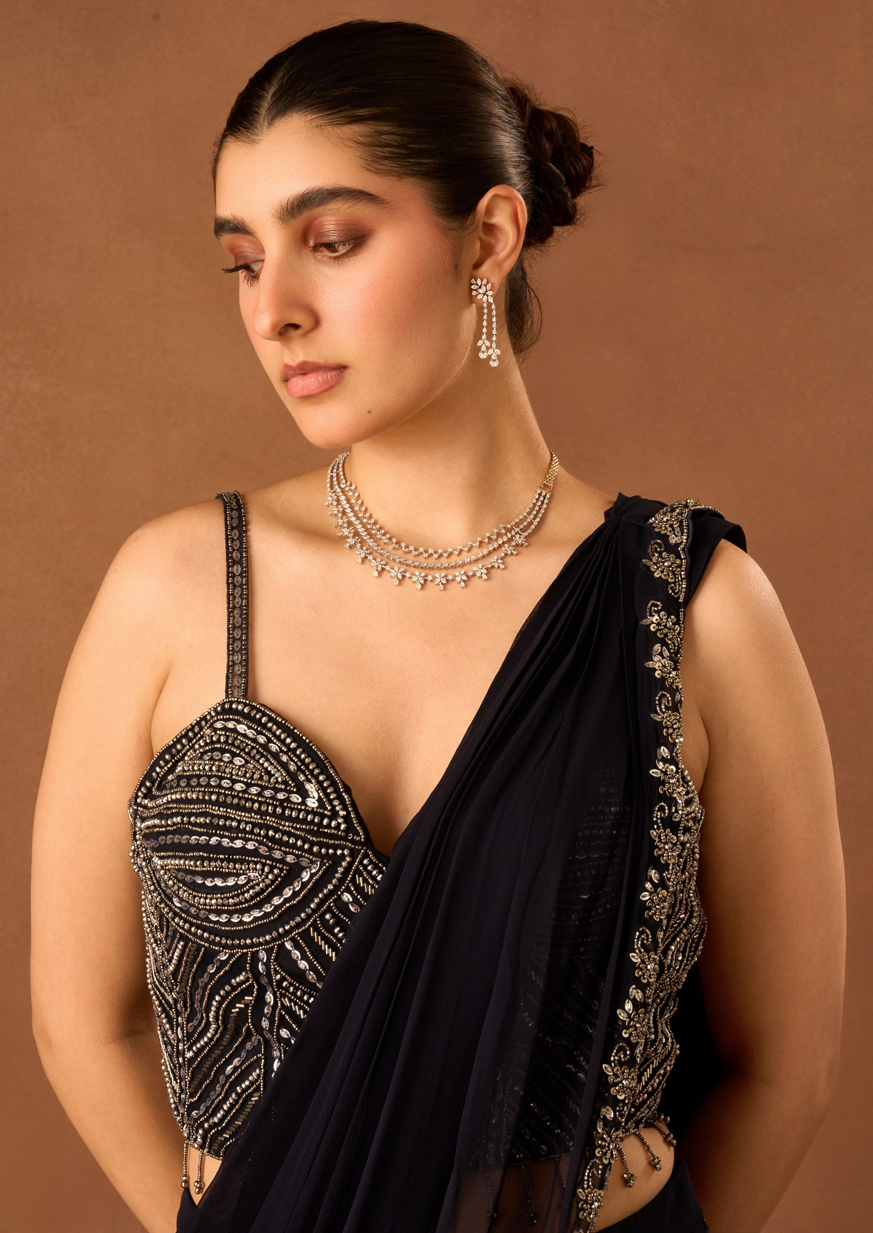 Twamev Women Indigo Blue Georgette Saree with Corset