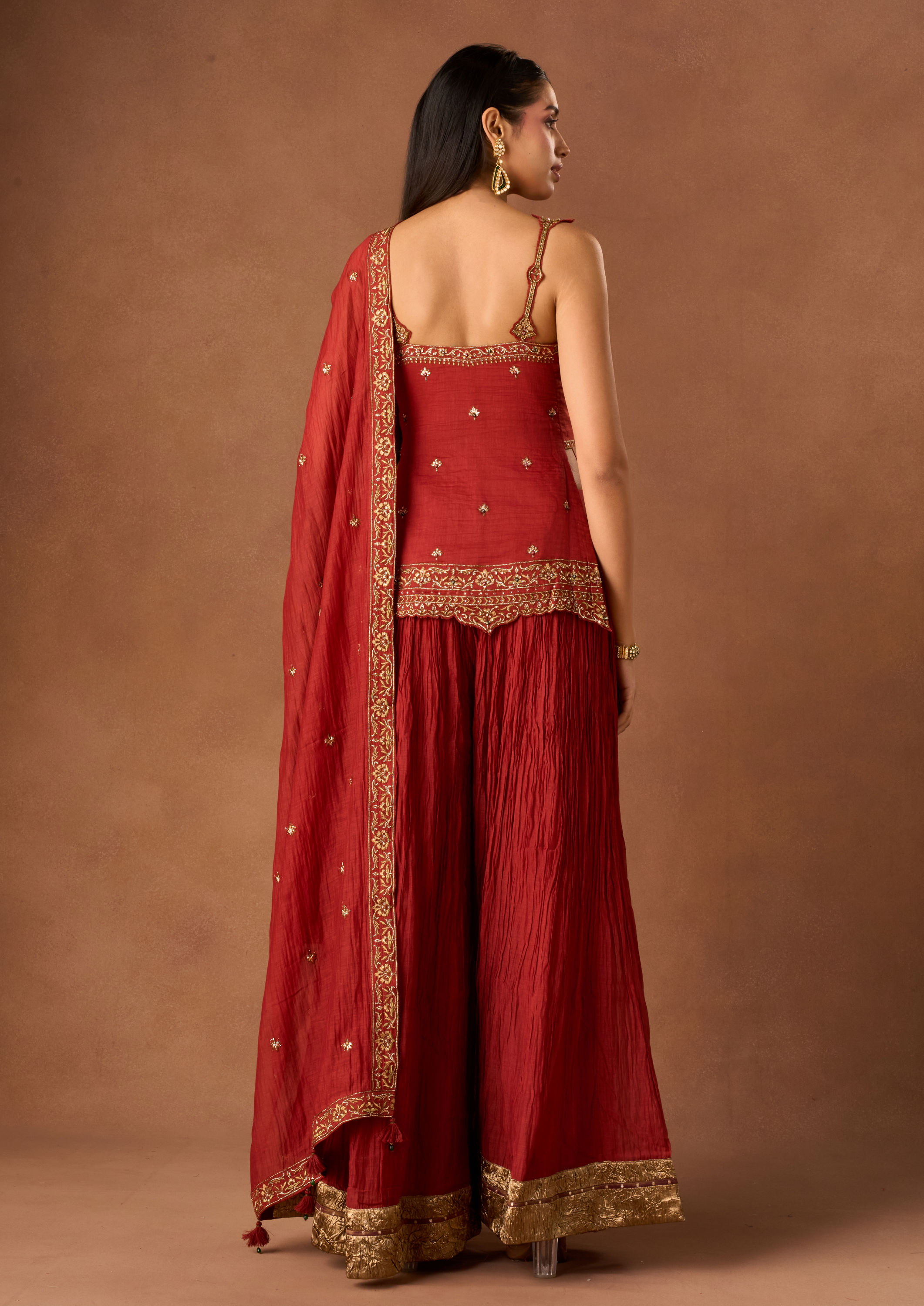 Twamev Women Red Knit Saree with Embroidery and Cutdana Work