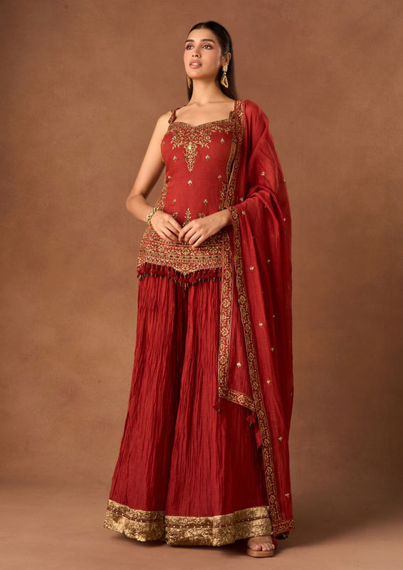 Twamev Women Red Knit Saree with Embroidery and Cutdana Work