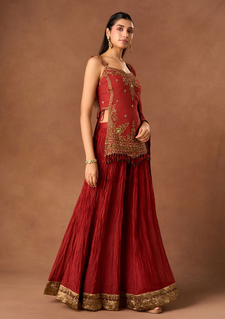 Twamev Women Red Knit Saree with Embroidery and Cutdana Work