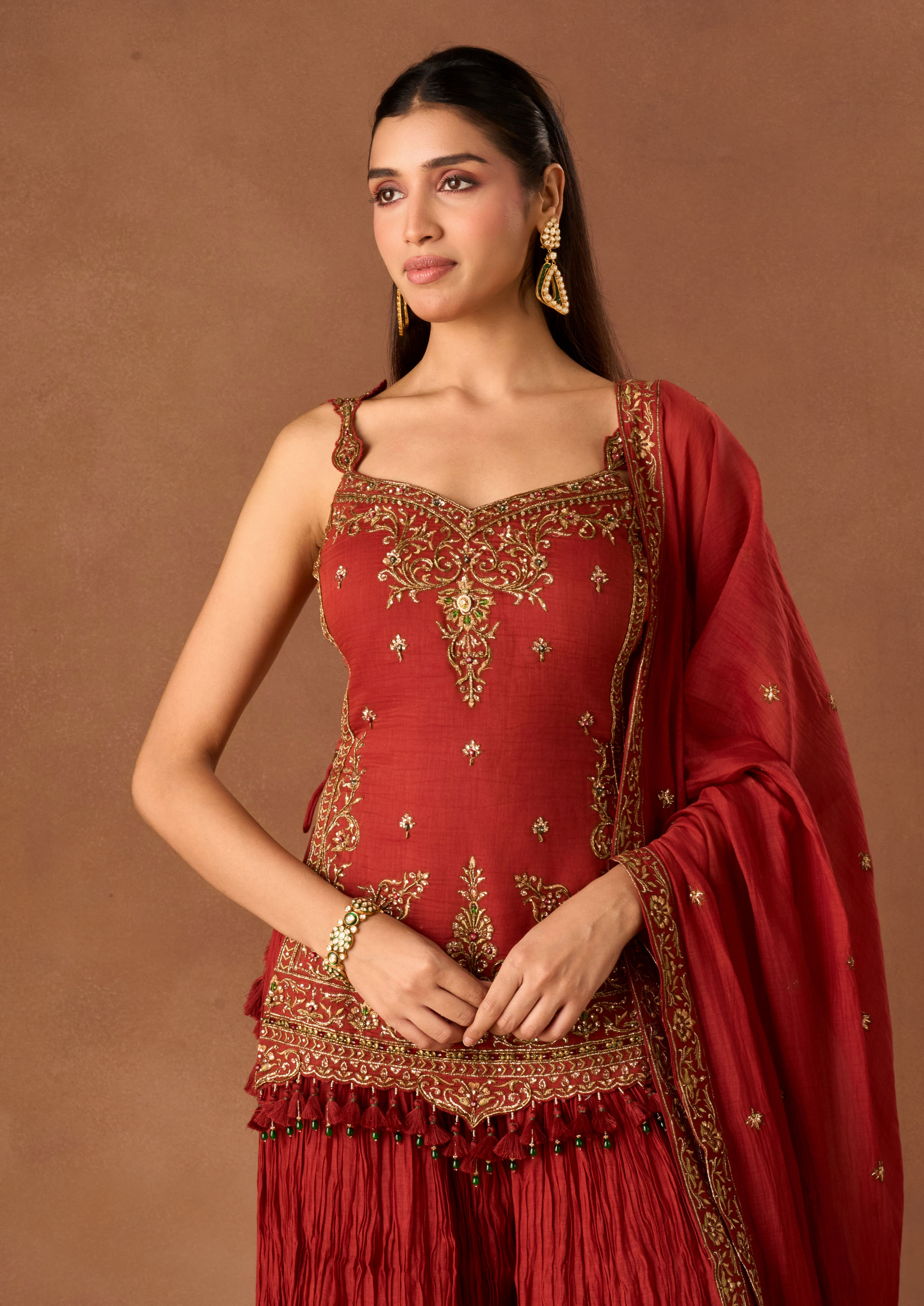 Twamev Women Red Knit Saree with Embroidery and Cutdana Work