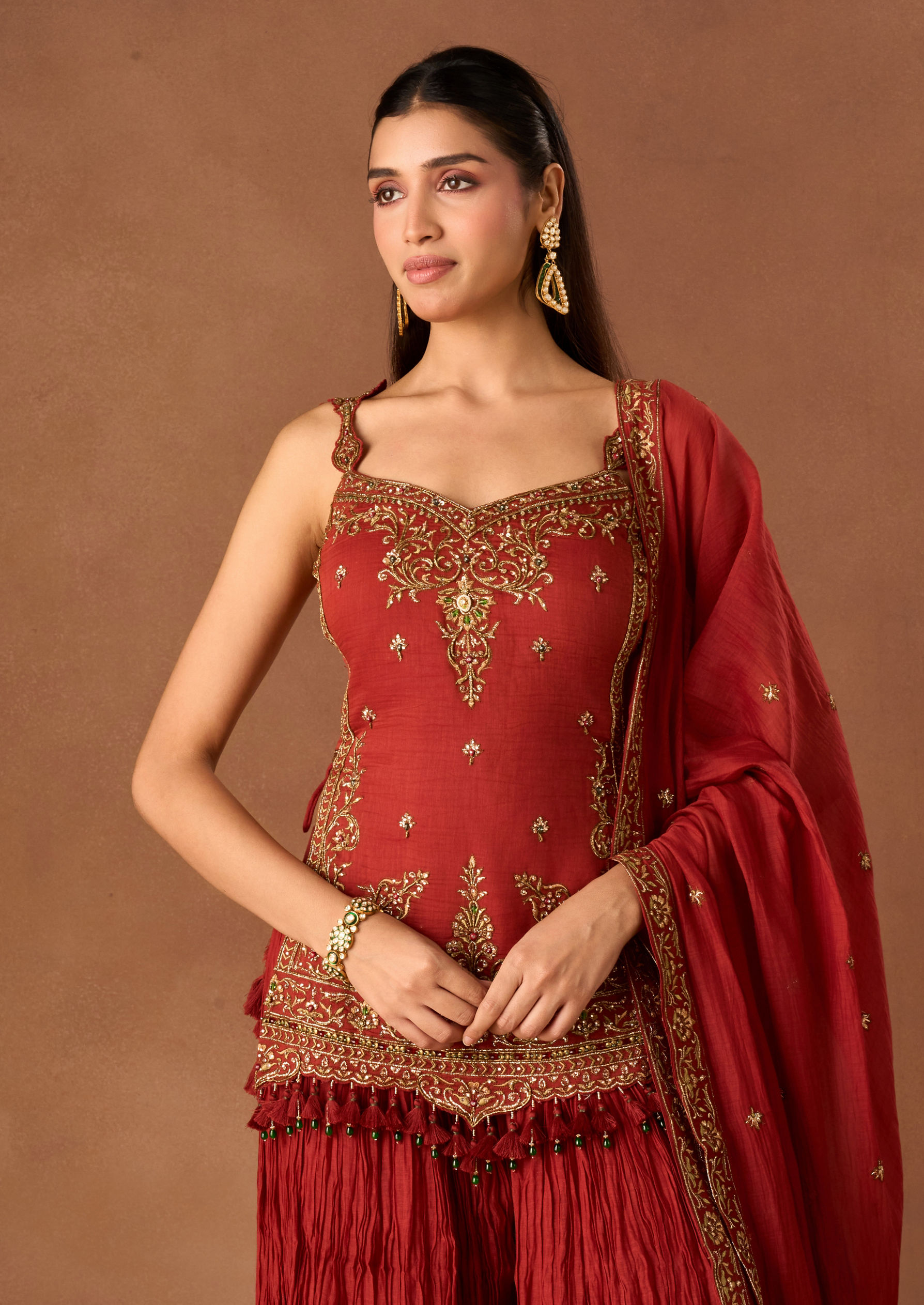 Twamev Women Red Knit Saree with Embroidery and Cutdana Work