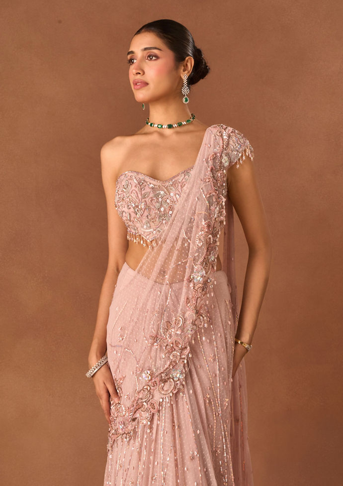 Twamev Women Pink Net Saree with Embroidery