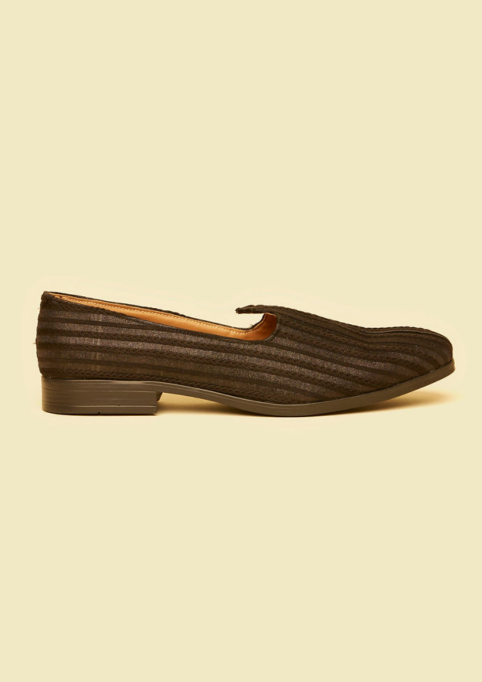 Twamev Men Midnight Black Loafer Style Shoes with Braided Self Striped Pattern