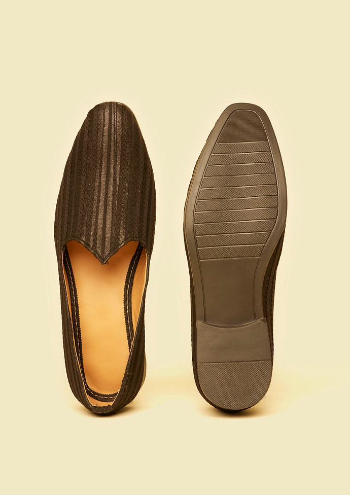 Twamev Men Midnight Black Loafer Style Shoes with Braided Self Striped Pattern