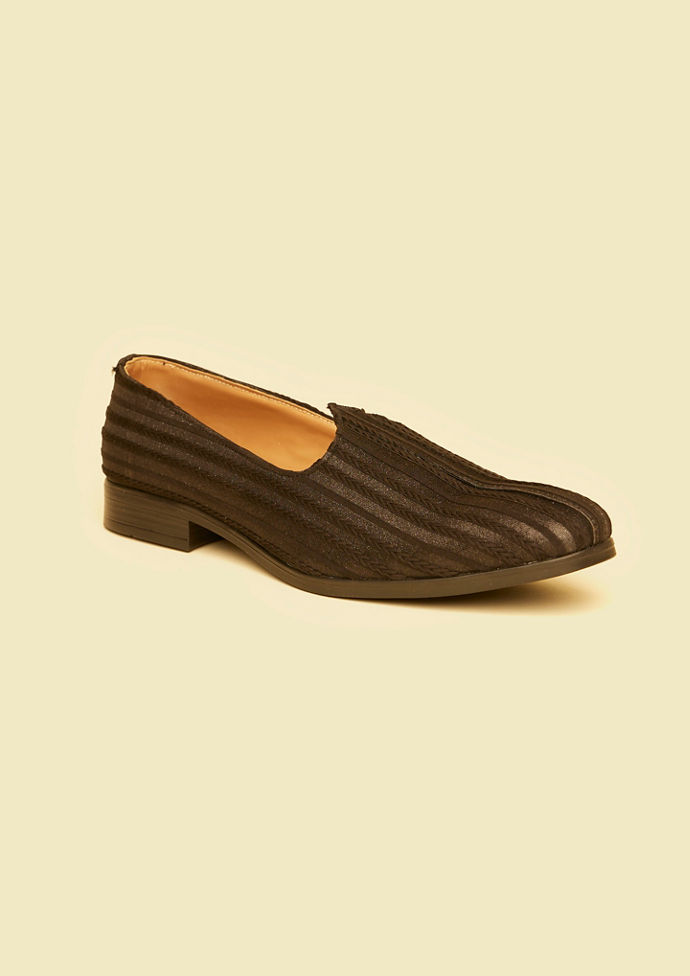 Twamev Men Midnight Black Loafer Style Shoes with Braided Self Striped Pattern