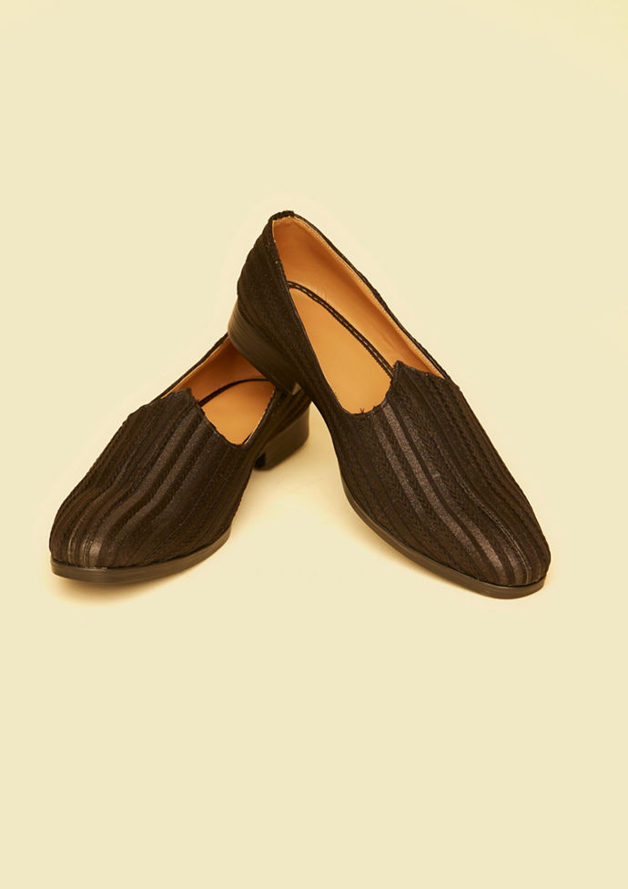 Twamev Men Midnight Black Loafer Style Shoes with Braided Self Striped Pattern