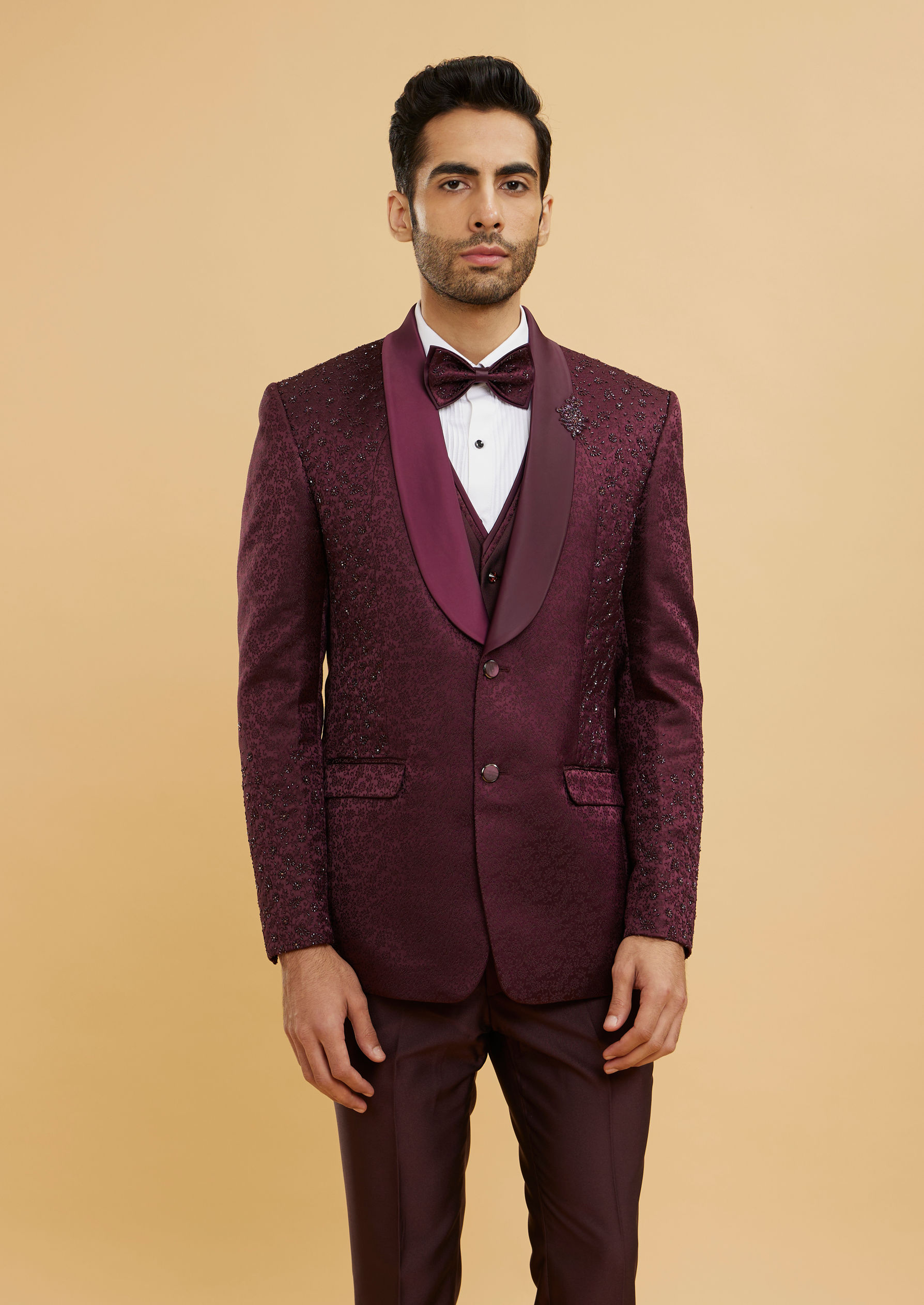 Twamev Men Wine Red Bel Buti Patterned Stone Work Designer Suit