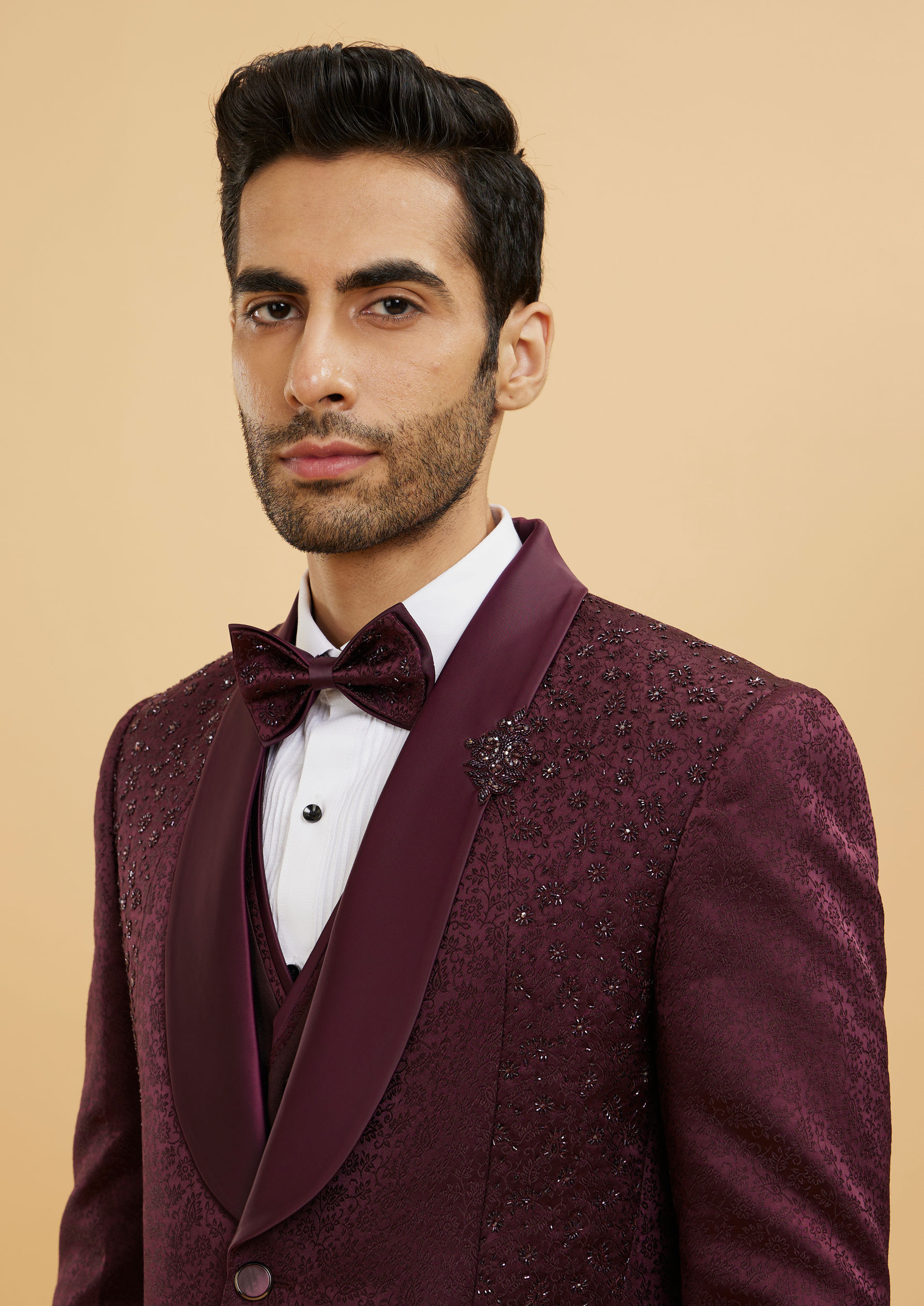 Twamev Men Wine Red Bel Buti Patterned Stone Work Designer Suit