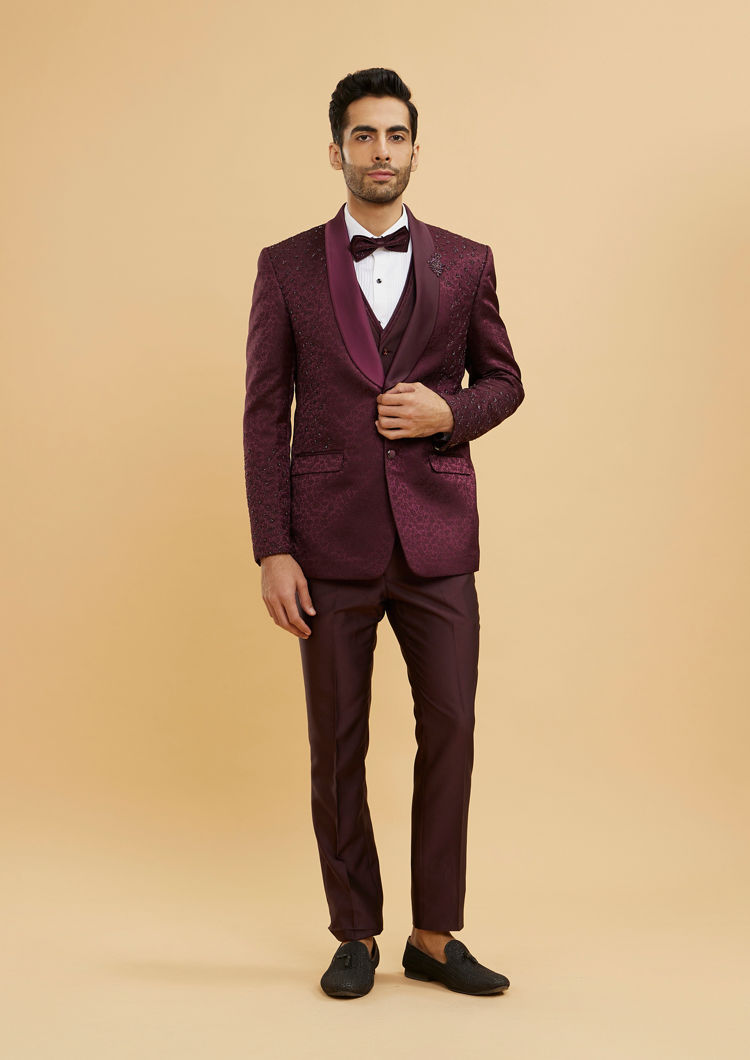 Twamev Men Wine Red Bel Buti Patterned Stone Work Designer Suit