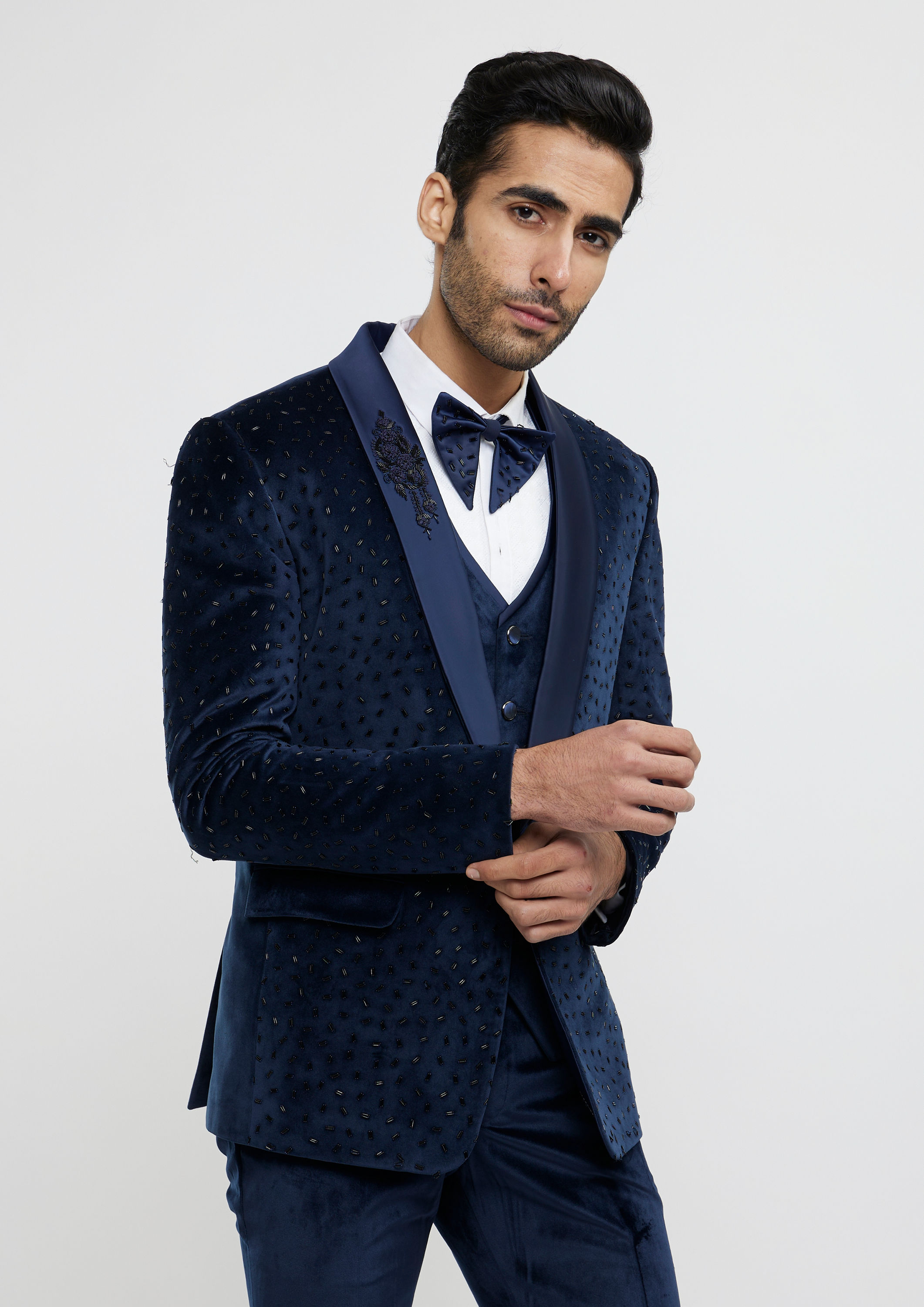 Twamev Men Midnight Blue Cutdana Embellished Tuxedo Suit Set