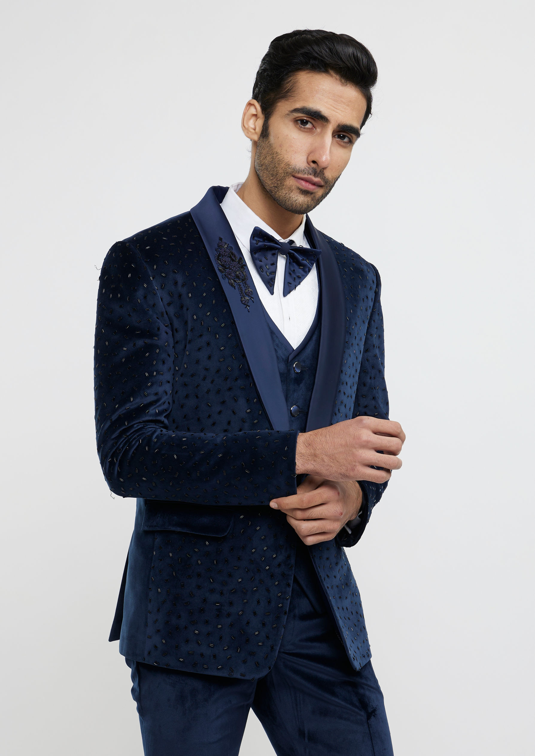 Twamev Men Midnight Blue Cutdana Embellished Tuxedo Suit Set